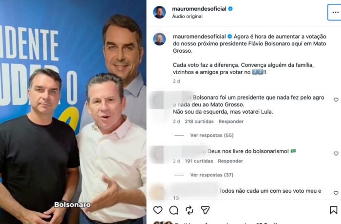Mauro Mendes conclama eleitores de MT a ampliarem votação de Flávio Bolsonaro no 2º turno