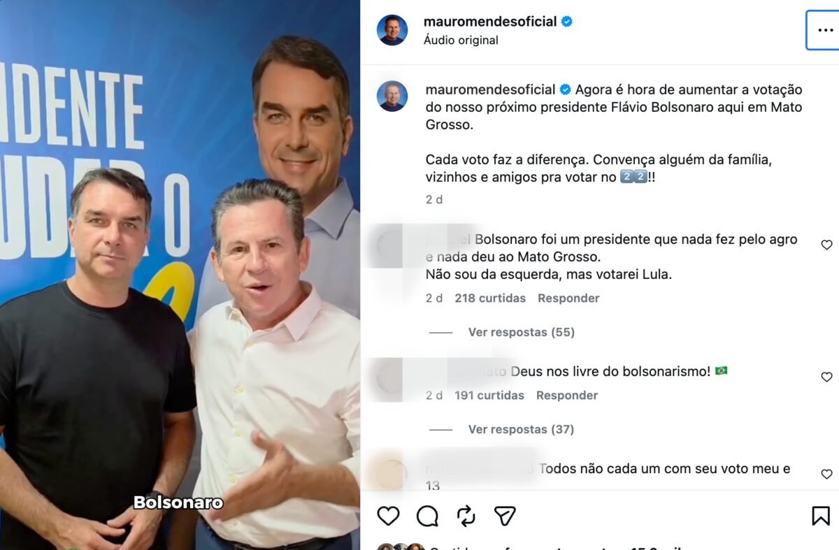 Mauro Mendes conclama eleitores de MT a ampliarem votação de Flávio Bolsonaro no 2º turno